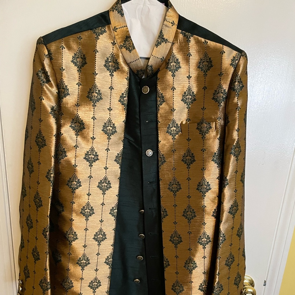 Woven Art Silk Jacquard Layered Sherwani in Beige and Dark Green